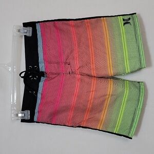 Boys Hurley Striped Board Shorts, Pink and Black, Size 7, EUC